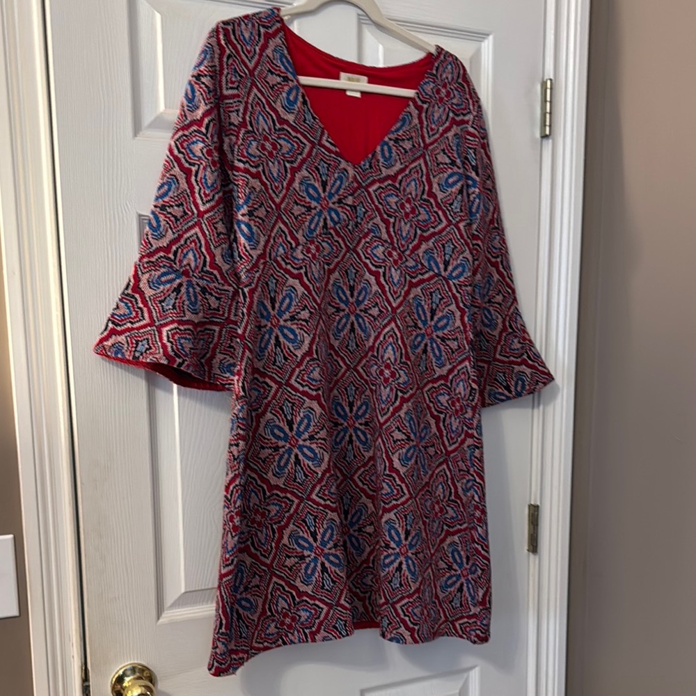 Anthropologie Maeve Geometric Patterned Red and Blue Dress